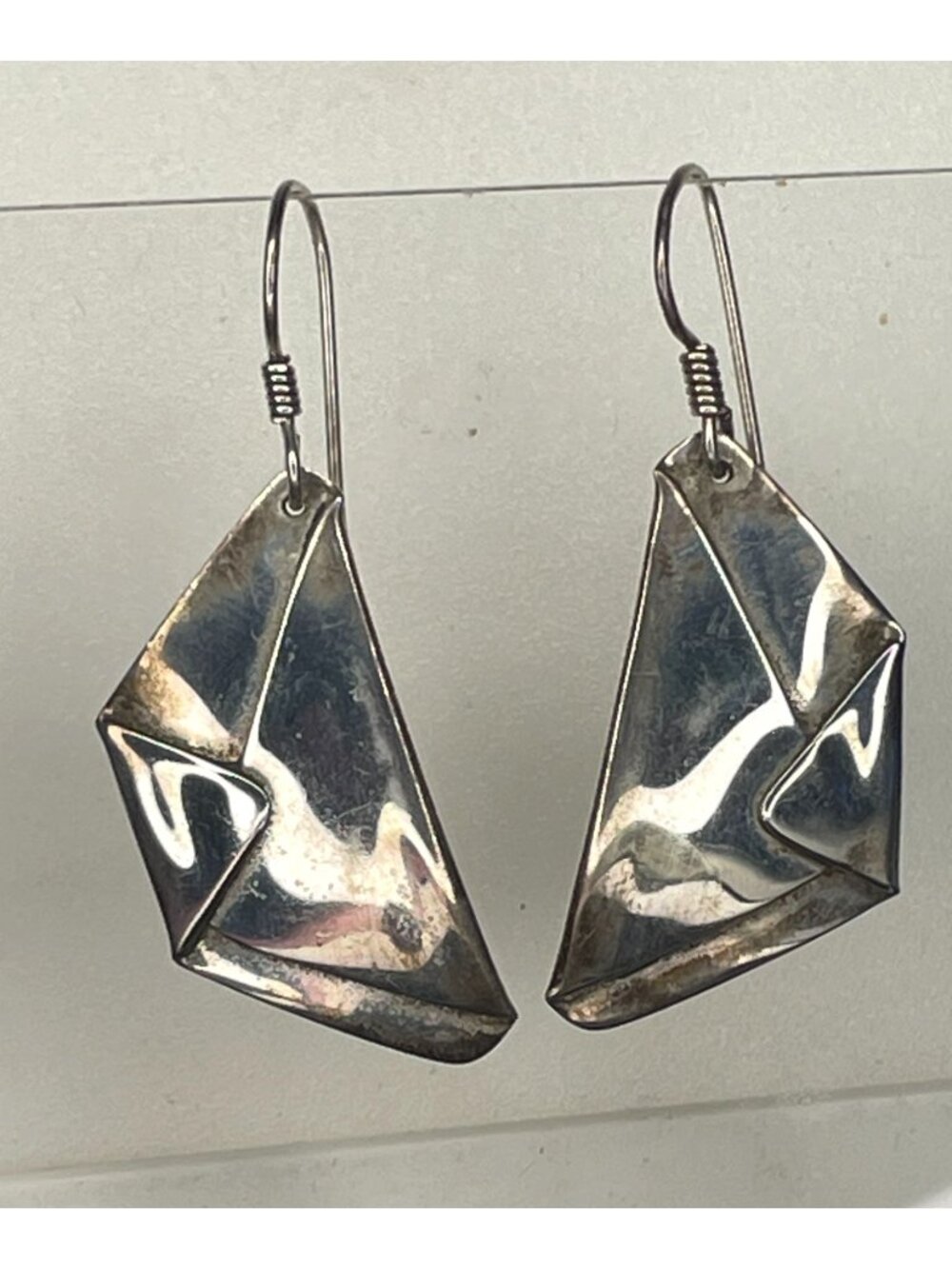 Vintage Cassius Signed Sterling Silver Origami Folded Geometric Dangle Earrings